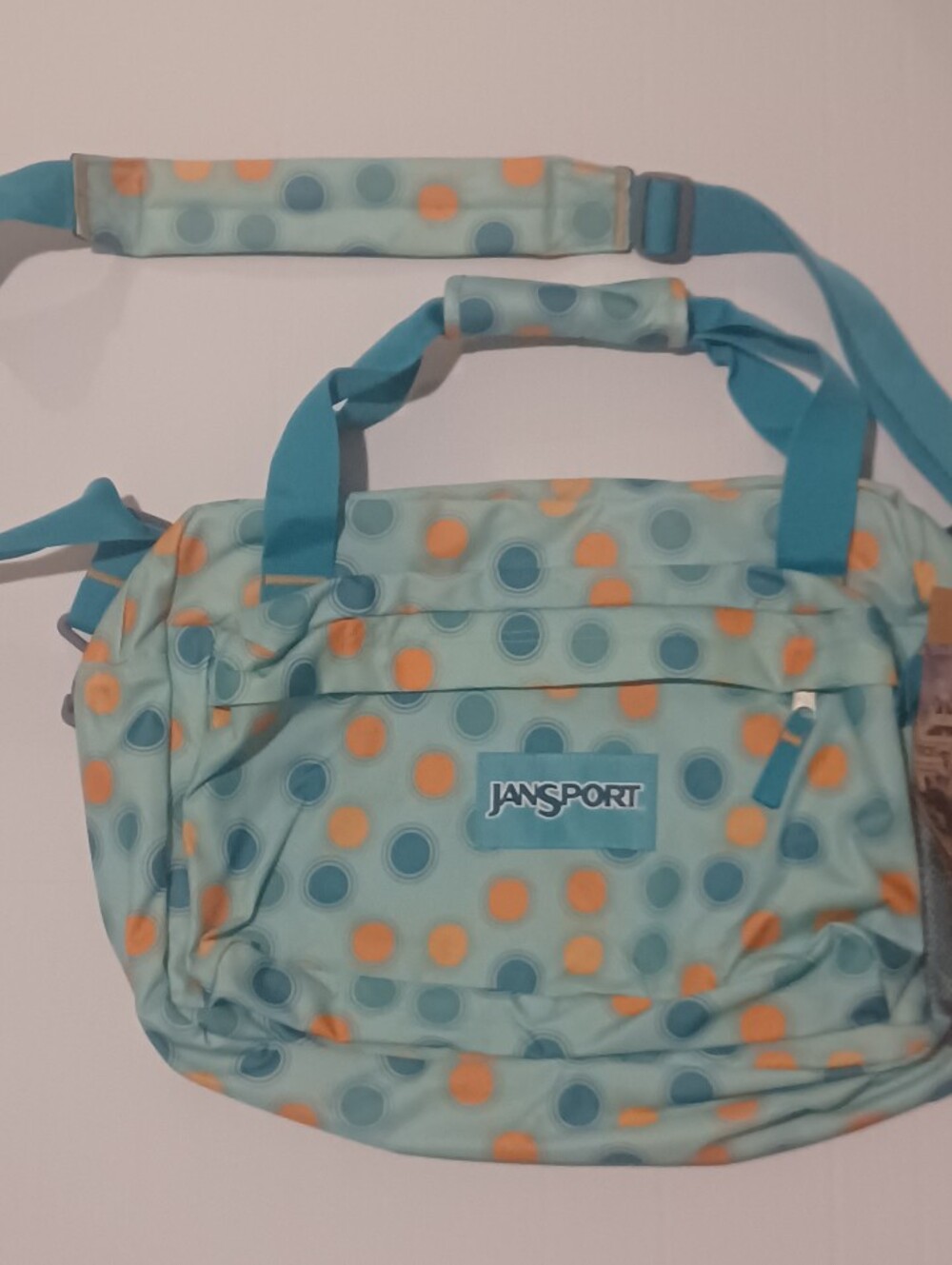NWT Vintage Jansport Blue Shoulder Bag with Orange and Teal Dot Print